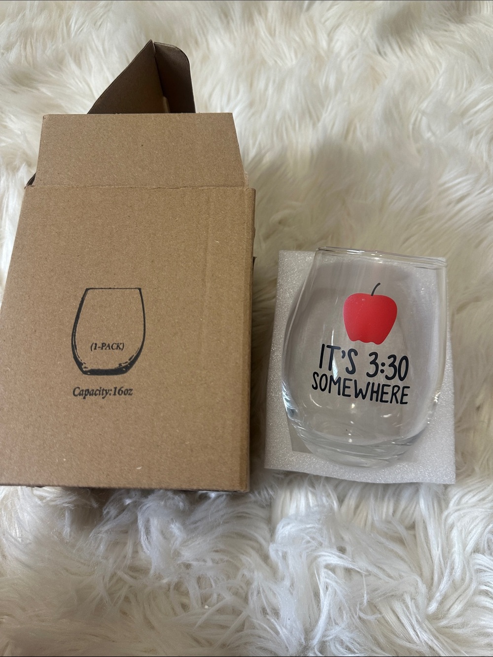 Glass Stemless Wine Glass - Red Apple "It's 3:30 Somewhere"